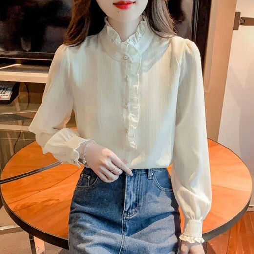 Pier Cardin Spring 2025 Neues französisches Spitzen-Chiffon-Hemd für Frauen modische Standkragen Spitzenspleißen Langarm Elegant Elegant, vielseitig Green L 1050-115jin [Jin ist 0,5 kg]