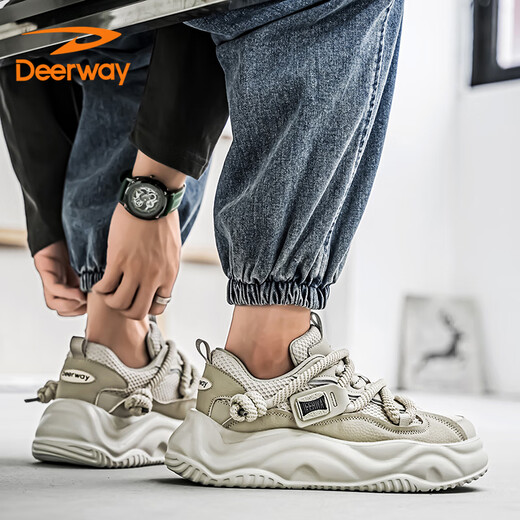 德尔惠（DEERWAY）老爹鞋男鞋2025夏季鞋子男士透气厚底增高运动跑步鞋 椰子灰 42