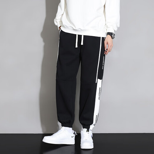 Foss Phil black casual pants for men thin summer loose trendy large size versatile sports long-fitting pants for men YKYP-A05 black and white XL [Recommended 120-139Jin [Jin equals 0.5 kg]]