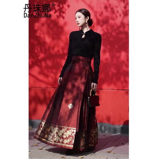DanZhuNa (DanZhuNa) red horse-faced skirt full set of 2024 New Year of the Dragon Year New Year Chinese dress Women's toast clothing engagement dress set 2679 black top + red horse-faced skirt XL