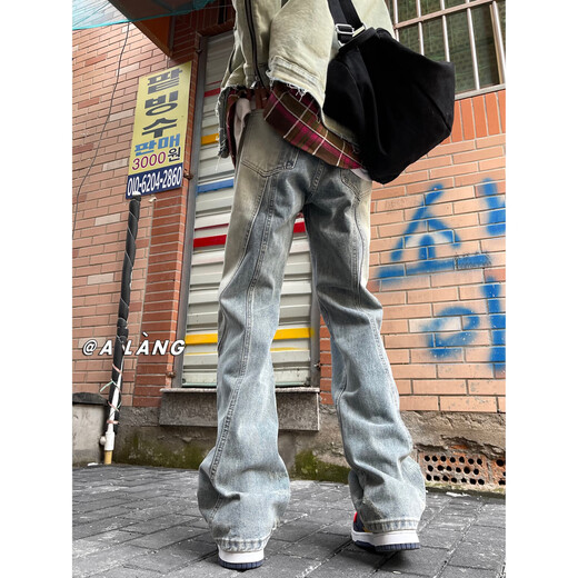 Allmählich beschatten Retro-Jeans-Herren Frühling und Sommer Hong Kong Trend High Street Floor Straight Hosen junge Studenten verlieren Weitbeinhosen XZ612-K694 Retro Blue 2xl [Empfohlen 155-170jin [Jin gleich 0,5 kg]]