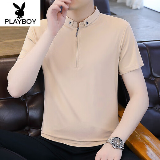 花花公子（PLAYBOY）纯色半拉链Polo保罗衫男士短袖夏季冰丝薄款立领T恤2025新款半袖 9921黑色 XL (约115~135斤可穿)