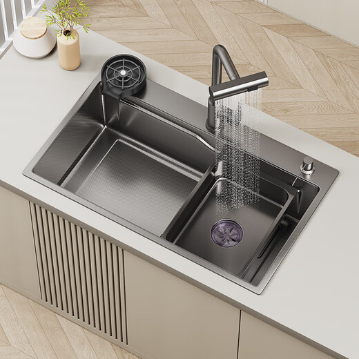 Jiumu Sink Nano Gun Gray SUS304 Thickened Stainless Steel Vegetable Basin Kitchen Handmade Large Single Tank Home Dishwasher Pot Selling Package + Water Cleaning Faucet + Soap Dispenser 680mm*450mm