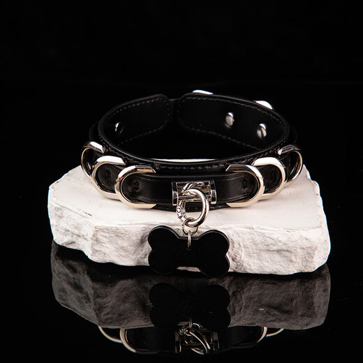 Genuine leather collar sm puppy bone tag bell choker female m custom lettering necklace k9 neck collar black bell model + traction chain