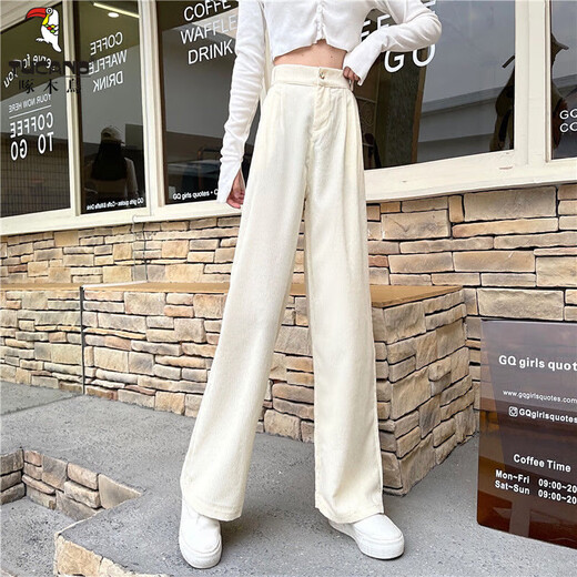 Woodpecker corduroy wide-leg pants for women in spring and autumn high-waist loose strip fleece straight trousers autumn and winter plus velvet thickened pants trendy regular 1049# brown [model] 2XL [recommended 133-150Jin [Jin equals 0.5 kg]]