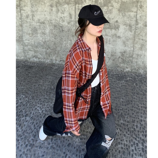 TonLion 2024 Plaid Shirt Women's Loose Long Sleeve Casual Shirt Versatile Commuting Top Pumpkin Red S