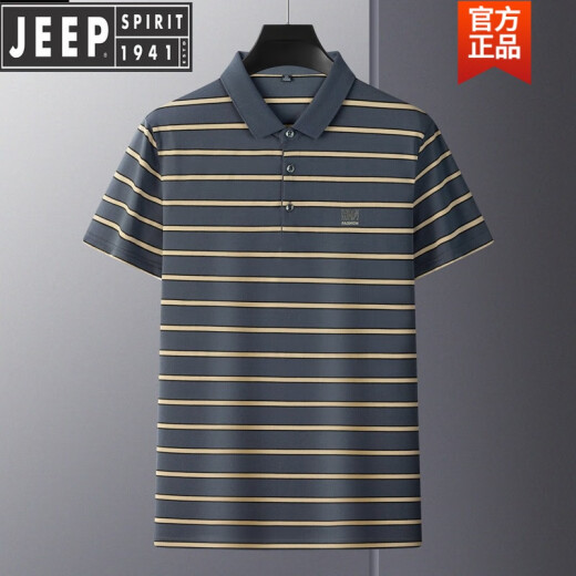 吉普（JEEP）高档夏季条纹T恤衫棉刺绣中年P0LO衫爸爸装现货保罗上衣男士新品 7371-深灰 M 48