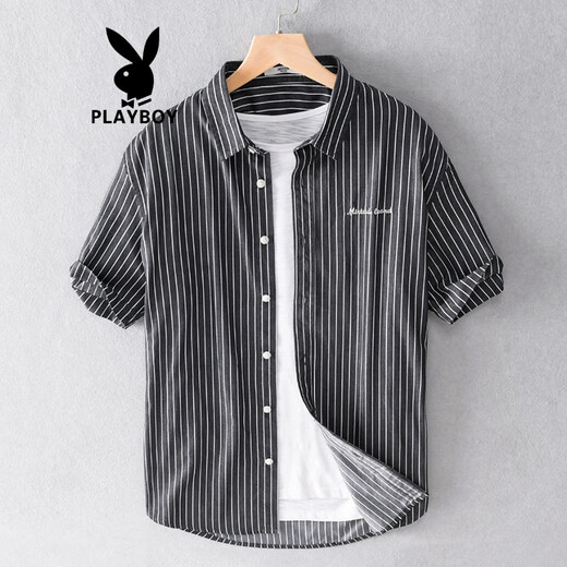 花花公子（PLAYBOY）夏季纯棉日系新款休闲短袖衬衫条纹免烫帅气男士衬衣服 9738浅蓝条纹 M 100斤左右