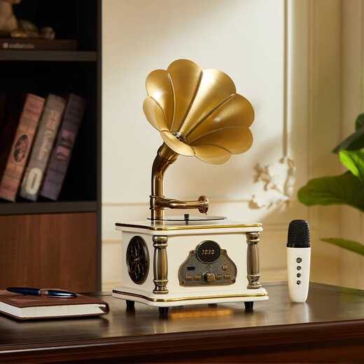Otieno Antique Vinyl Phonograph Decoration Mini Rechargeable Bluetooth Speaker Retro Birthday Gift Home Ornament Microphone Version Brown Plug-in Rechargeable Free Music USB Disk