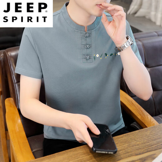 JEEP SPIRIT薄款立领短袖t恤男士2025夏季新款中式国潮半袖棉麻T恤刺绣上衣T 咖色 XL 125-135斤左右