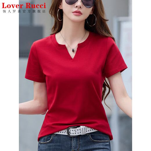 LOVER RUCCI法国v领纯棉短袖t恤女夏季2025新款半袖宽松显瘦上衣正肩体恤 6623玲珑紫 S 建议80-95斤
