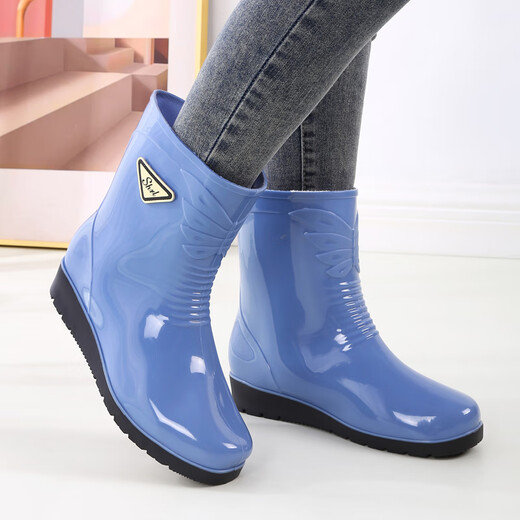 侗宜轩雨鞋女款时尚中筒外穿加绒保暖水鞋防滑防水雨靴耐磨工作软底胶鞋 紫色防水束口 无绒 标准码 38