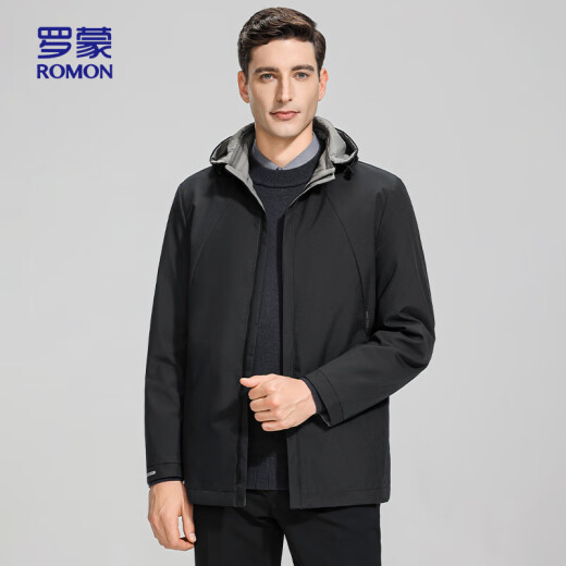 罗蒙（ROMON）夹克男连帽中青年秋季商务休闲时尚百搭两面穿外套男9930黑色175