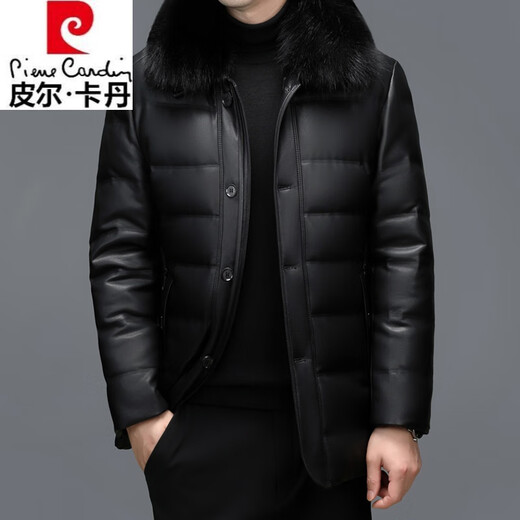 Pierre Cardin NEU National Standard Down Jacke Herren Schaffell Ständer Kragen Lederjacke Dad Winter im mittleren Alter warm und dünner Mantel Schwarz 6627 Modelle 185/2xl