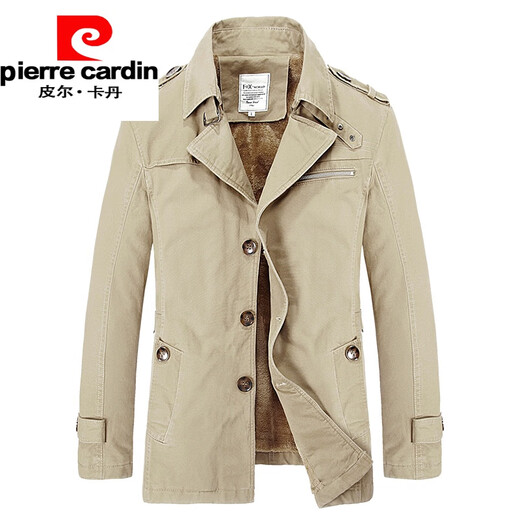 Pierre Cardin autumn and winter men's windbreaker mid-length hooded cotton Korean style trendy lamb plush jacket popular coat 5793Z dark khaki plus velvet XL