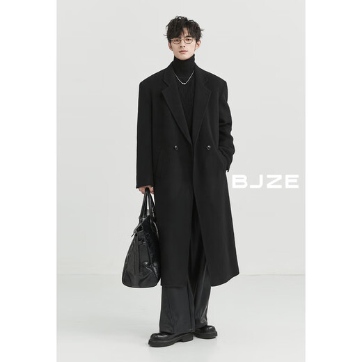 Earl Zoll shoulder pad design long over-knee full wool double-sided wool coat 100% men's autumn and winter commuting jacket P441879 pitch black S (165)