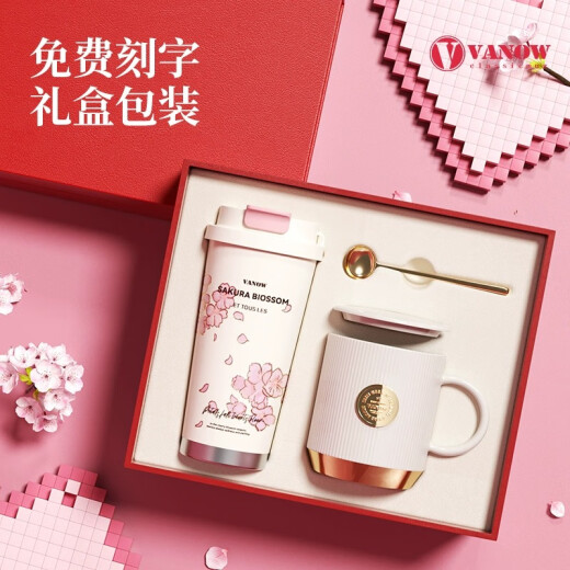 Vanow2025新款保温杯女高颜值高档伴手礼定制礼盒水杯陶瓷内胆咖啡杯子 樱花粉-陶瓷覆层-红礼盒 500ml