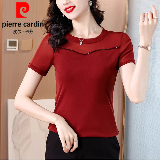 Pierre Cardin Mesh Shirt pour femmes T-shirt à manches courtes pour les femmes 2025 Nouveau été noir noir L Shirt Shirt Slim Lace Top Black A1585 [Court-manche] 4xl