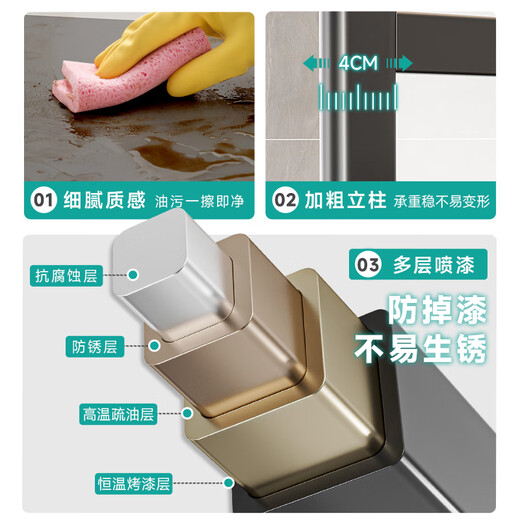 Four Seasons Muge Kitchen Storage Rack Telescopic Microwave Oven Rack Rice Cooker Household Multifunctional Countertop Utensils Storage Rack Gun Ash Double Layer Fixed 58cm+6 Hooks