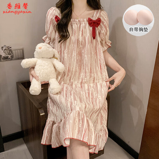 Xiangyaxin summer chest pad short-sleeved nightgown for women woven cotton 2024 new summer sweet princess style home clothes pajama thin 9901-4 color love M