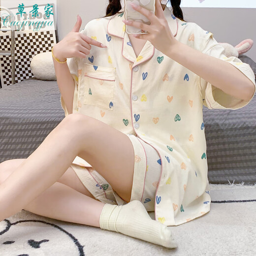 草景家带胸垫月子服夏季薄款孕妇睡衣短袖短裤孕妇装哺乳睡衣产妇产后 QSF724#彩色兔头 M码 建议体重90-120斤左右