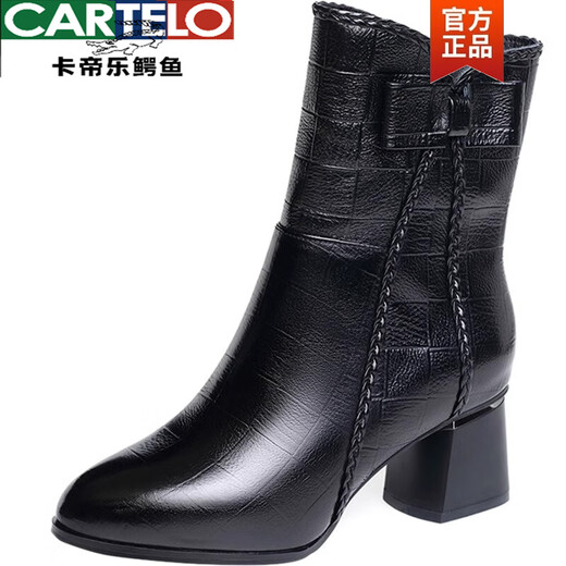 CARTELO brand genuine leather Martin boots for women 2025 winter new thick heel short boots mother mid-tube leather boots pointed toe high heels black single 35