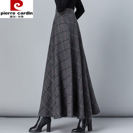 Pierre Cardin's new woolen plaid skirt women's mid-length autumn and winter slimming temperament high-waisted A-line skirt casual long skirt dark gray plaid 2XL
