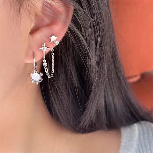 Amazing 6-piece set of earrings, star chain design, ear buckle and earring set, versatile planet zircon earrings, 6-piece set