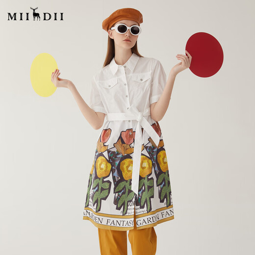 
Answer to the mystery retro printed dress 2024 summer new lapel strap waist-hugging mid-length skirt short sleeves 246ML7027 bright white L