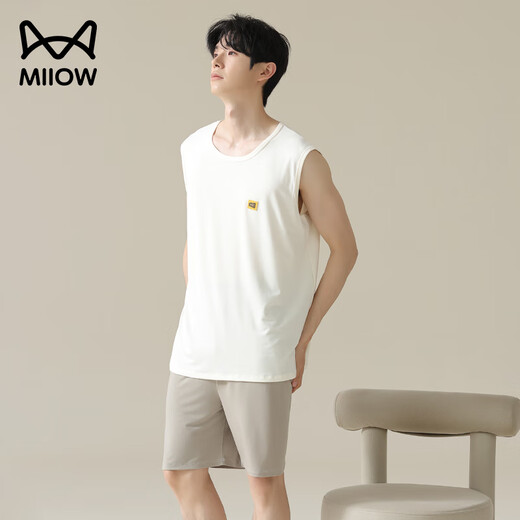 Cat man pajamas men ice silk cool summer vest sleeveless thin summer large-size home clothing set White [ice silk cool] 2XL [recommended 140-160Jin [Jin equals 0.5 kg]]