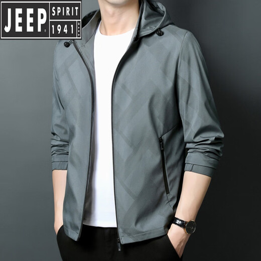 JEEP SPIRIT春秋季夹克外套男士薄款中青年时尚休闲百搭可拆卸连帽上衣 K12127款绿色(可脱卸帽) M 170