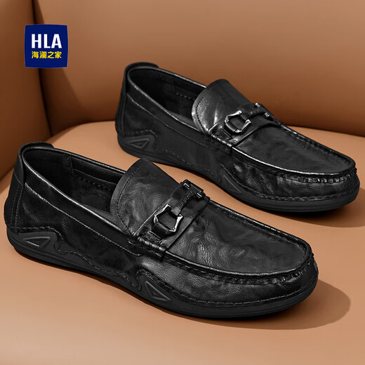 Heilan House Leather Shoes Men's Doudou Shoes Men's 2025 New Spring Breathable Business Casual Shoes Soft Sole Formal Slip-On Men's Shoes Black Four Seasons 42