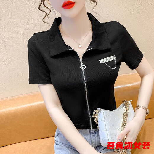 Yan Xunmo short-sleeved new summer zipper cardigan Polo neck T-shirt design niche high-waist short top for women white M [85~100Jin[Jin equals 0.5 kg]]