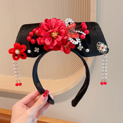 DING FEI 2024 new style princess girl hairband headband Hanfu face wash palace style ancient style headdress pink central three flowers double five petals flower square flag hair A28-306