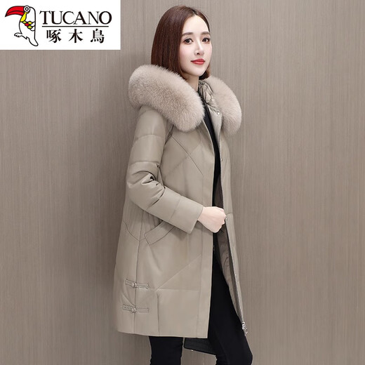 
Woodpecker 2024 new Haining leather down jacket Jurgent leather medium-length sheepskin fur jacket plus velvet thickened apricot color M [suggested Jin[Jin equals 0.5 kg]]