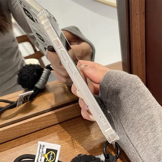 麦巴盾可爱卡通黑色泼墨煤球iphone15手机壳适用苹果14promax卡包卡套插卡13pro手提挂绳链条全包防摔女 壳+煤球挂绳 iphone15