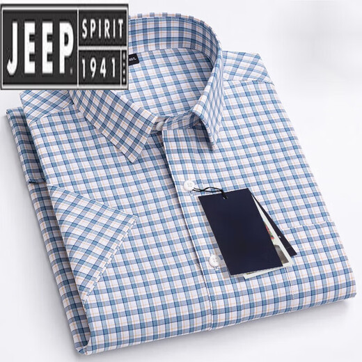JEEP SPIRIT夏季纯.棉小格子衬衫男短袖薄款韩版修身潮流休闲棉半袖衬衣 绿色 PULO-F983 42
