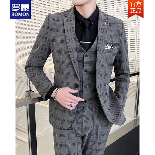 ROMON Men's Suit Korean Style Plaid Groom Wedding Dress Casual Business Formal Fit Suit Three-piece Spring Gray Suit + Vest + Pants Tie XL