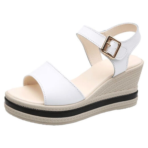 Spechtleder-Leder bequeme Keilsandalen für Frauen 2025 Sommer neuer Schwammkuchen dicker Sohle vielseitiger Außenverschleiß Anti-Rutsch-Sandalen mittleren Alters mittlerer Alters beige [Boutique Frauenschuhe] 36