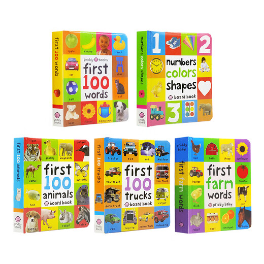 First 100 小开本12345册 Words单词·Animals动物·Trucks车辆·Numbers数字·Farm农场 趣味纸板翻翻书 英文原版 纸板书 1-5岁 First 100 小开本 