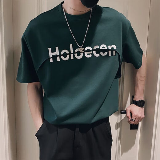 婉曼朵网红假两层字母短袖t恤男社会精神小伙半袖潮牌帅气体恤夏季上衣 黑色b1595-holo短t S  建议70-85斤
