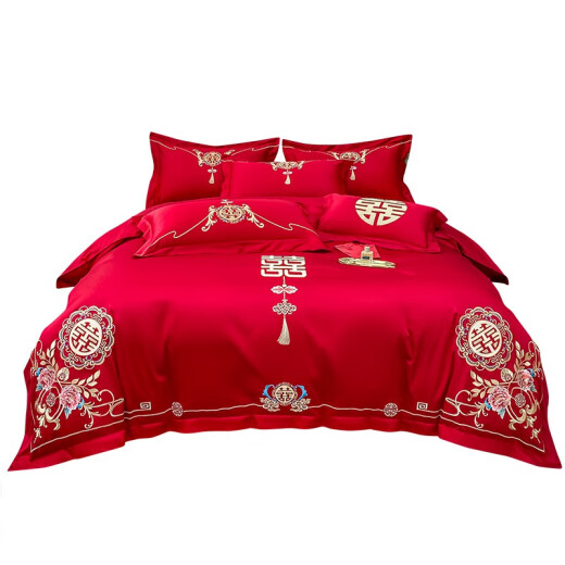 Zhizhen Mercury Home Textiles Chinese Embroidery Cotton Wedding Four-piece Set Big Red Sheets and Quilt Covers Pure Cotton Wedding Dowry Bedding for the Wedding - Big Red 2.0M Bed Sheets Four-piece Set - Quilt Cover 2.2*2.4 Meters