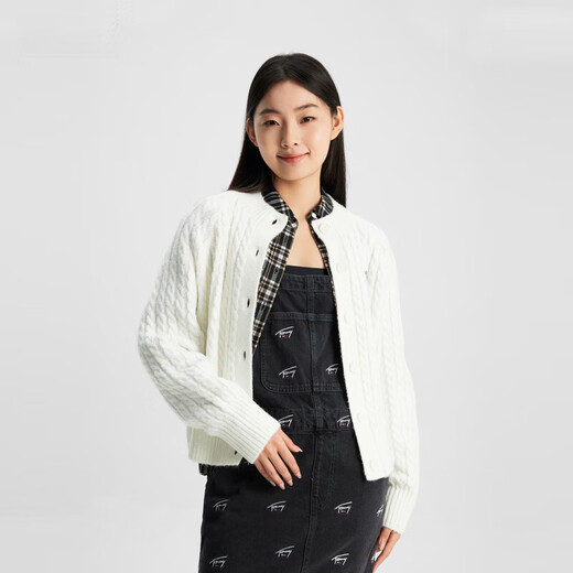 TOMMY HILFIGER女装含羊毛混纺刺绣绞花圆领合身纽扣针织开衫外套15938 白色ybh xs