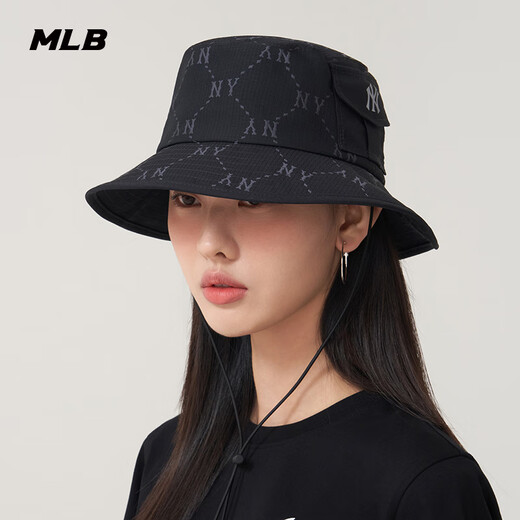 MLB官方男女简约时尚LOGO遮阳帽抽绳渔夫帽25夏季新款HTM01 纽约洋基队/黑色 M /59