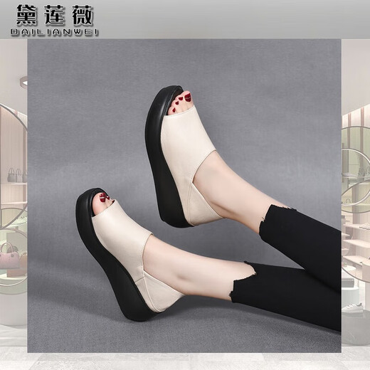 Dailianweist echtes Lederschwamm Sandalen für Frauen im Frühling und Sommer 2025 Neuer Stil Ferse Dicke alleinige Zwei-Wear-Fischschuhe weiße Kaufweißschuhe für Frauen schwarz 35 225 mm