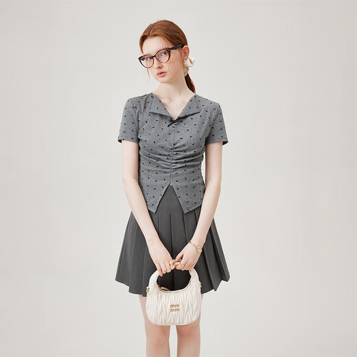 Fan Silann sweet hot girl flocking bow knitted T-shirt 2024 summer new lapel slim fit 12529 gray M