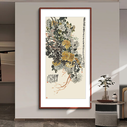 Paidan Immortal Dream Wu Changshuo original prints New Chinese style entrance hall decorative painting aisle hanging paintings classical furniture hotel murals Wu Changshuo <Agarwood Pavilion Peony 90*180cm Recommended 1.2-1.4m wall Elegant teak solid wood frame + canvas + plexiglass