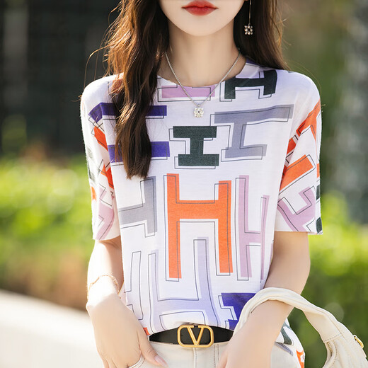 HMRSV桑蚕丝短袖T恤女2025夏季新款休闲时尚设计感凉感马家印花上衣潮 H字母印花854 XL