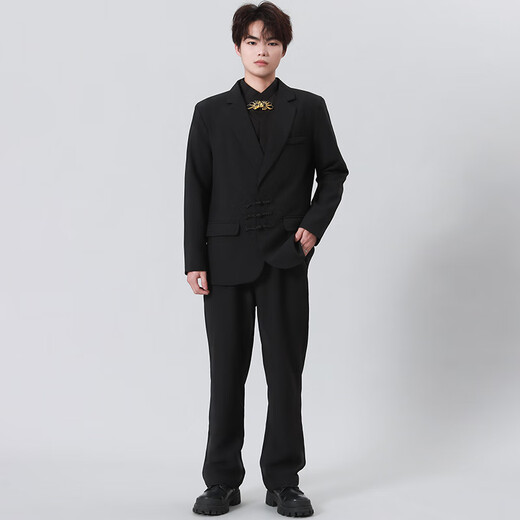 GOKU new Chinese style plate button suit suit for men Chinese style engagement wedding groom Chinese tunic dress Tang suit suit men black suit + shirt + pants 5XL recommended weight 190-200Jin Jin equals 0.5 kg