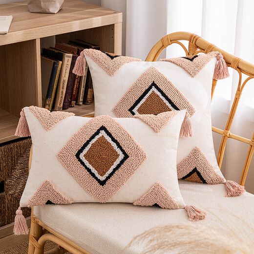 B&B ins style tufted pillowcase Nordic geometric living room sofa cushion waist pillow rainbow tassel bedroom pillow three-color ball 45*45CM single pillowcase
